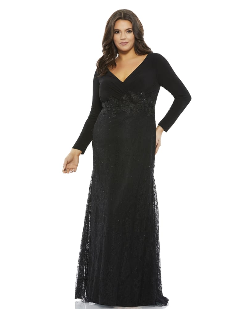 Front of a model wearing a size 14W Wrap-Over Long Sleeve Lace Applique Trumpet Gown in BLACK by Mac Duggal. | dia_product_style_image_id:290045